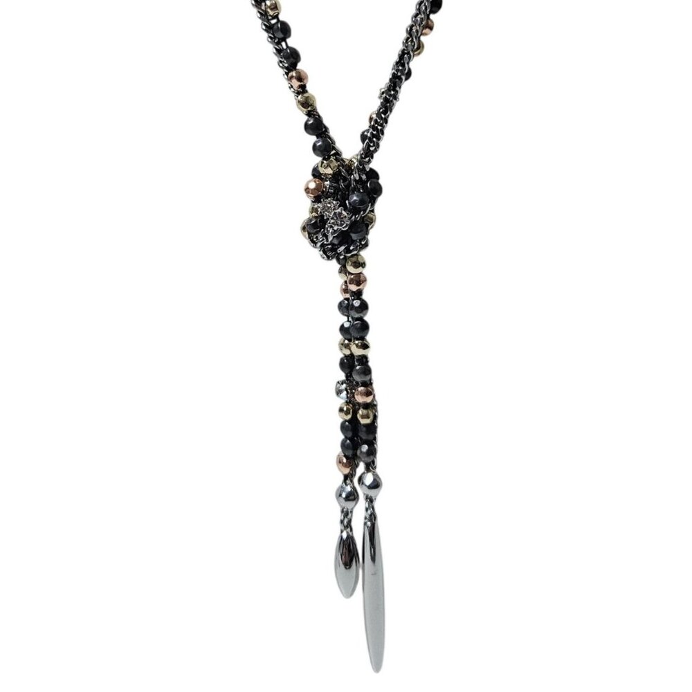 Elegant Black Gold Multicolor Beaded Lariat Necklace Crystal Accents Jewelry